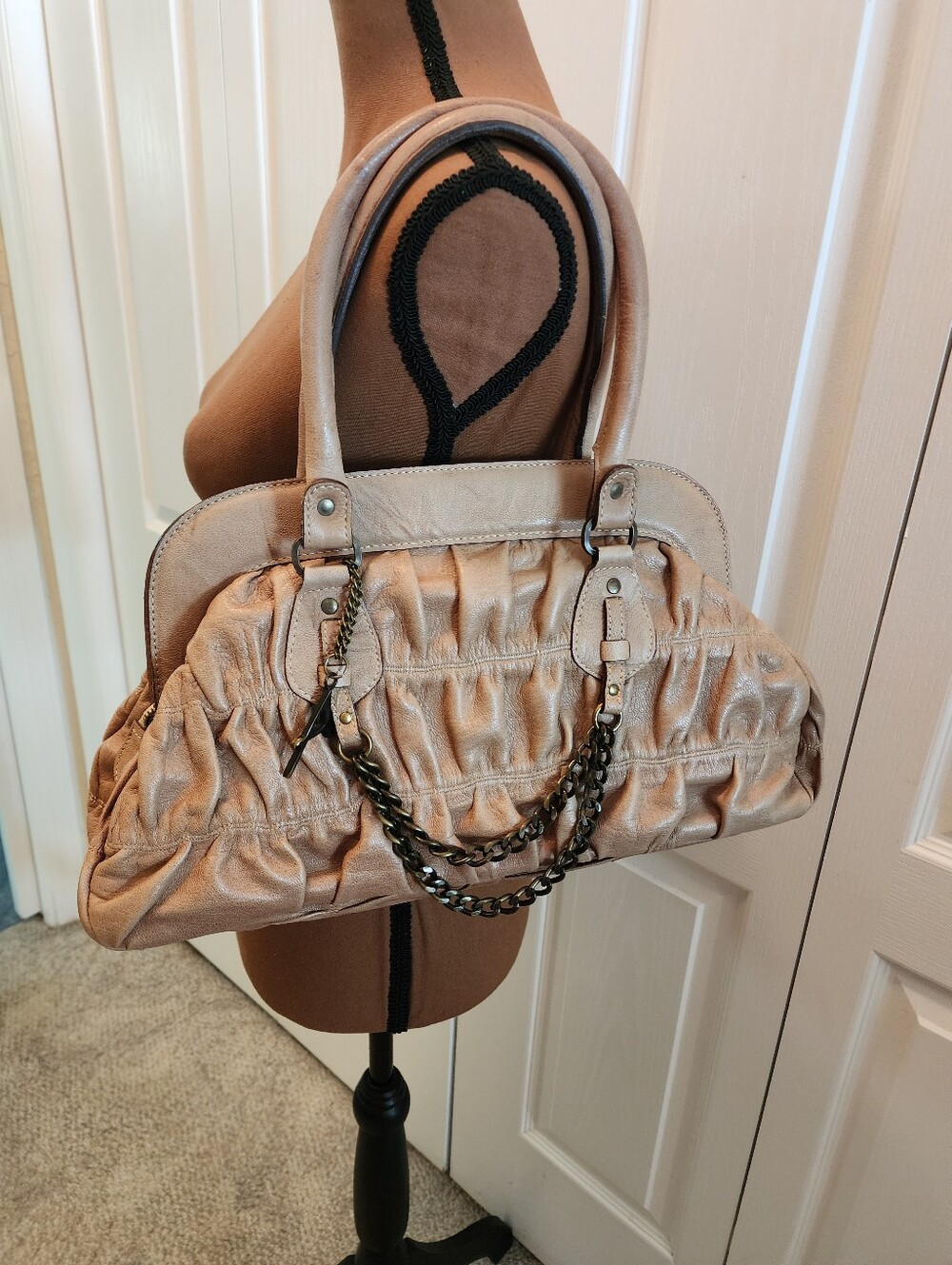 ANDALOSSI Taupe Brown Ruched Leather Satchel Frame Bag Velvet Lined PRISTINE